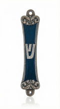 Pewter Blue Ivy Mezuzah with enamel decoration, measuring 5 3/8 inches tall and 1 1/4 inches wide, displayed on a clean white background with soft reflection.