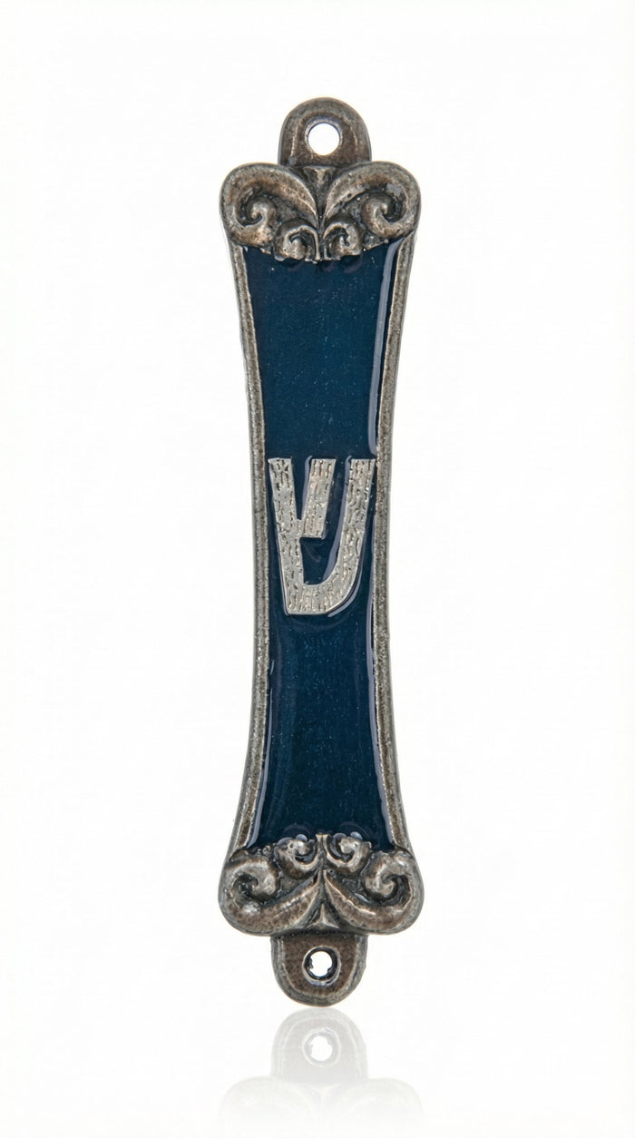 Pewter Blue Ivy Mezuzah with enamel decoration, measuring 5 3/8 inches tall and 1 1/4 inches wide, displayed on a clean white background with soft reflection.
