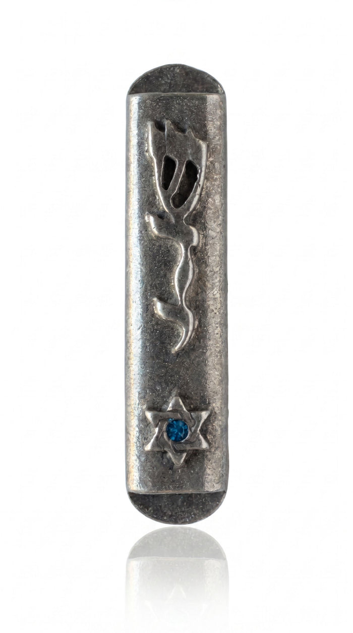 Blue Jeweled Shaddai Pewter Car Mezuzah