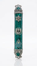 Turquoise Chai Mezuzah made of pewter, hand-painted with enamel, measuring 5.3/8 inches tall, designed for home doorways.