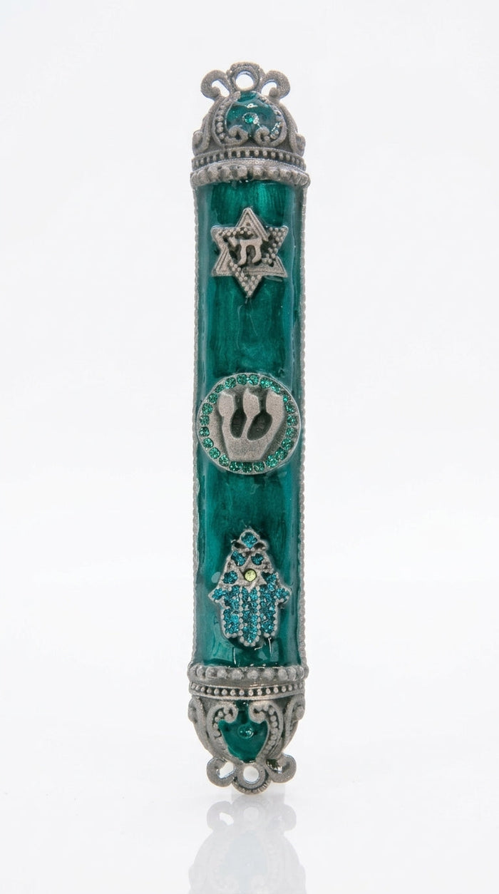 Turquoise Chai Mezuzah made of pewter, hand-painted with enamel, measuring 5.3/8 inches tall, designed for home doorways.