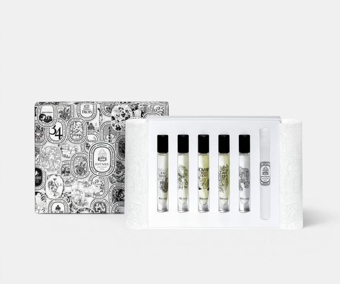 Shop Rescue Spa discovery set featuring five 7.5ml eau de toilette fragrance vials in a decorative illustrated box.
