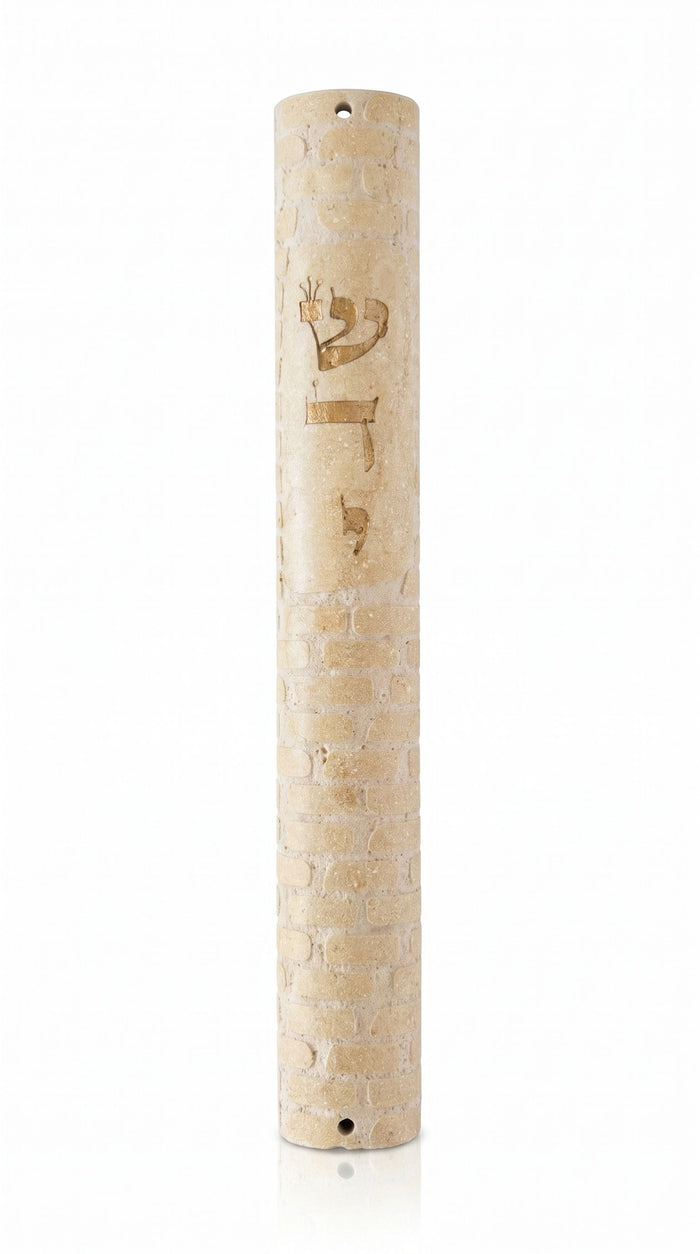 Extra large Shaddai Ramparts Jerusalem stone mezuzah case with vertical gold Hebrew lettering and carved wall pattern