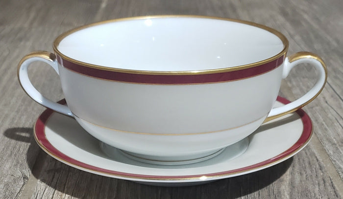 Fitz and Floyd Deauville Burgundy Flat Cream Soup and Saucer Set0