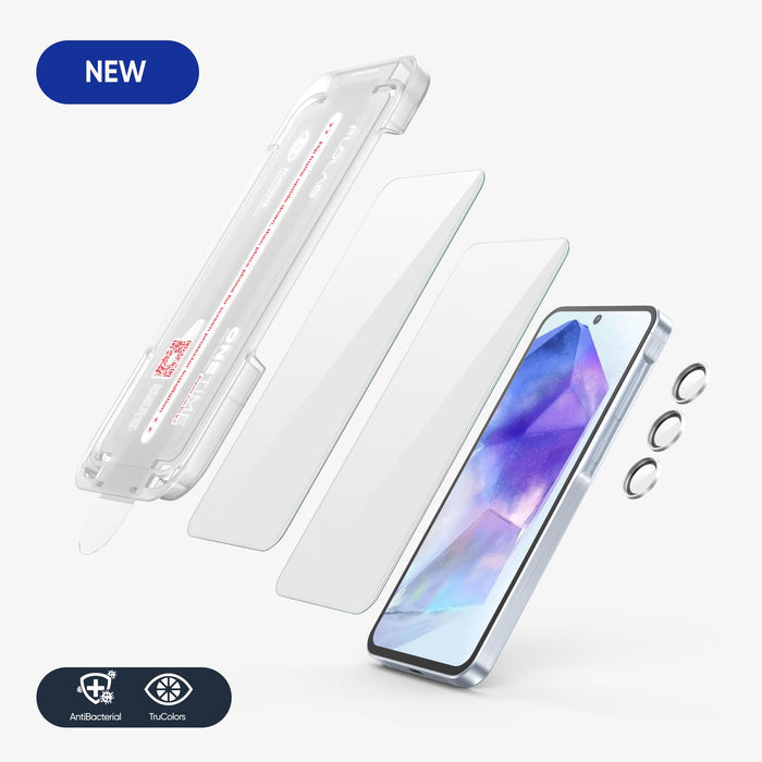 FLOLAB NanoArmour ONETIME for Galaxy A55: 2 Screen Protectors, 1 Silver Lens Glass -  Ultra Clear