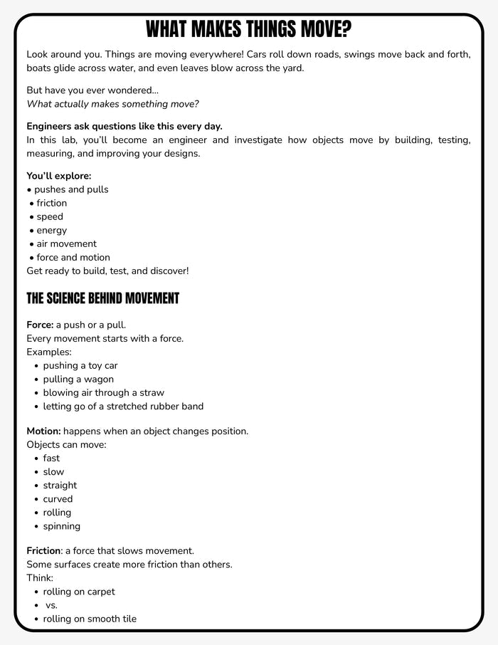 Force and Motion Engineering STEM Labs Grades 2-5