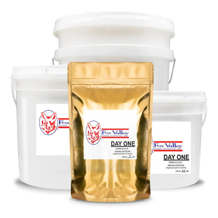Image of all four sizes of Fox Valley 25/30 for Virginia Opossums. Including 1 lb, 3.5 lbs, 8 lbs, 20 lbs.
