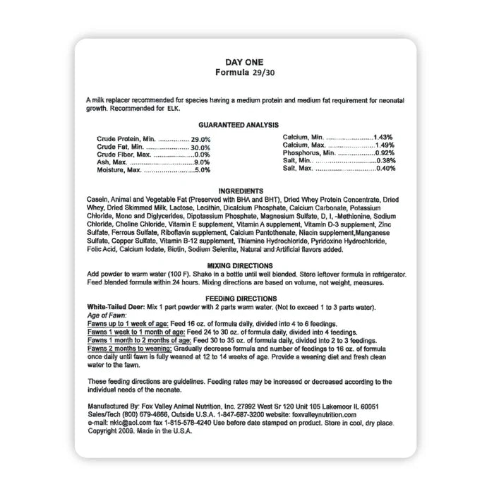 Image of the back label of Fox Valley 29/30 includes guaranteed analysis, ingredients, mixing directions, and feeding directions—all of which can be found in the product descriptions on this page.