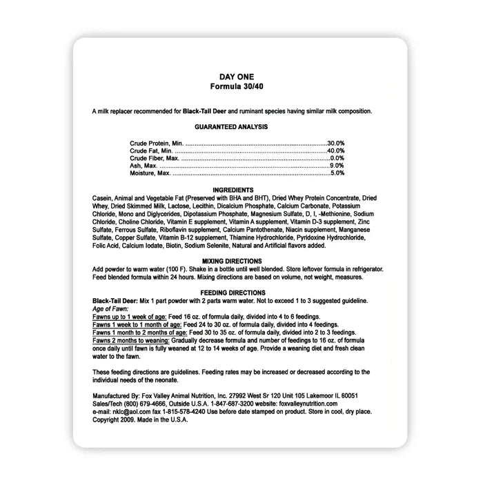 Image of the back label of Fox Valley 30/40 includes guaranteed analysis, ingredients, mixing directions, and feeding directions—all of which can be found in the product descriptions on this page.