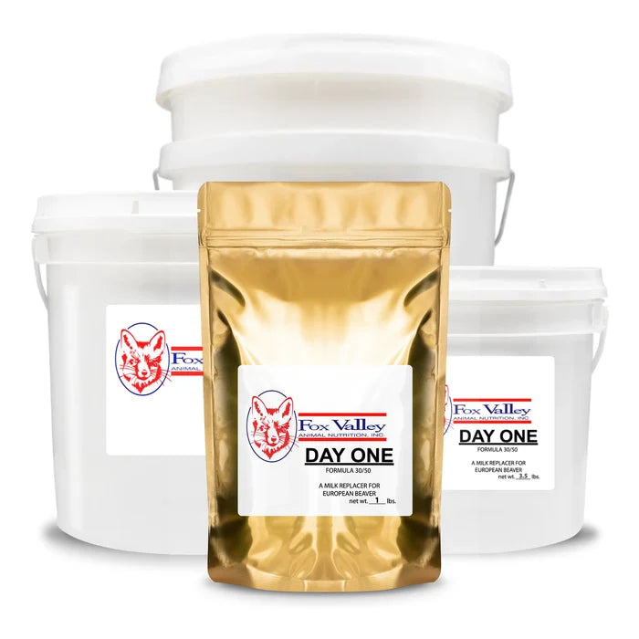 Image of all four sizes of Fox Valley 30/50 Formula for European Beavers. Including 1 lb, 3.5 lbs, 8 lbs, 20 lbs.