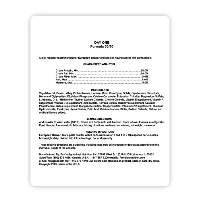Image of the back label of Fox Valley 30/50 includes guaranteed analysis, ingredients, mixing directions, and feeding directions—all of which can be found in the product descriptions on this page.