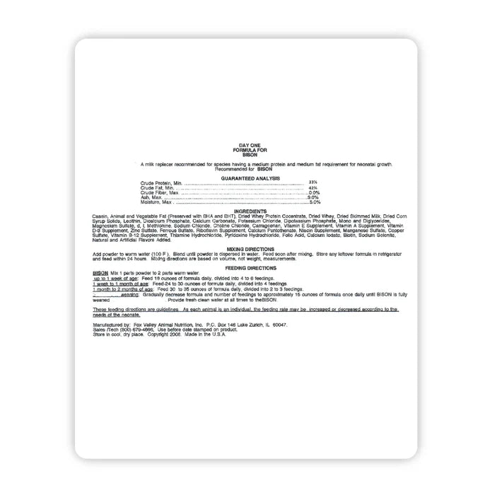 Image of the back label of Fox Valley 33/42 includes guaranteed analysis, ingredients, mixing directions, and feeding directions—all of which can be found in the product descriptions on this page.