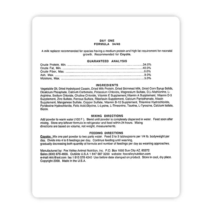 Image of the back label of Fox Valley 34/40 includes guaranteed analysis, ingredients, mixing directions, and feeding directions—all of which can be found in the product descriptions on this page.