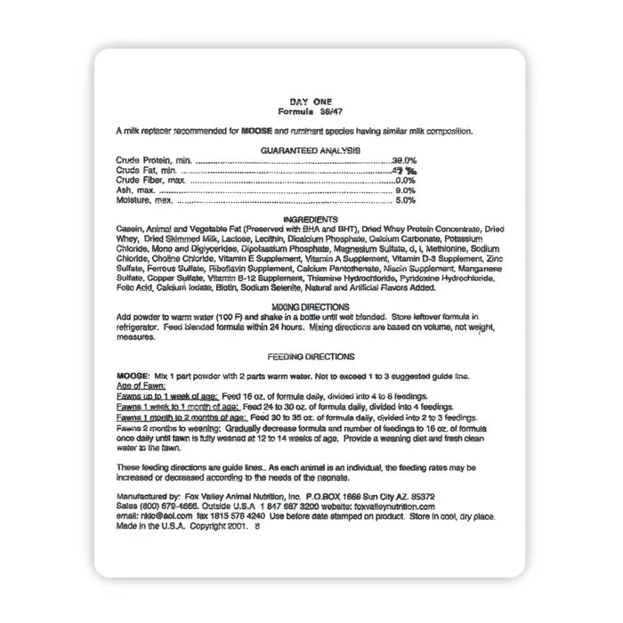Image of the back label of Fox Valley 38/47 includes guaranteed analysis, ingredients, mixing directions, and feeding directions—all of which can be found in the product descriptions on this page.