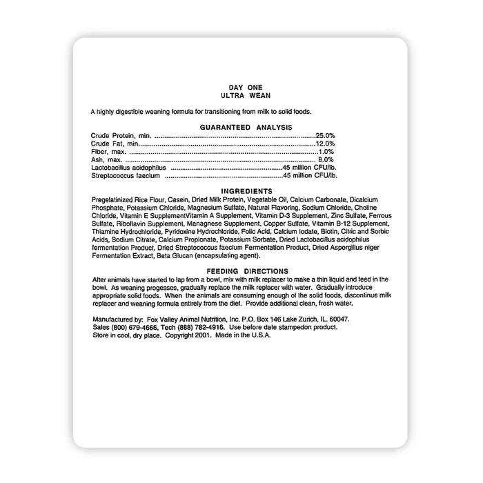 Image of the back label of Fox Valley Ultra Wean includes guaranteed analysis, ingredients, and feeding directions—all of which can be found in the product descriptions on this page.