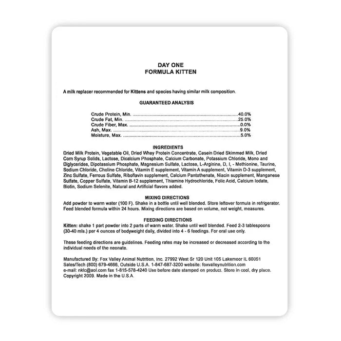 Image of the back label of Fox Valley Kitten includes guaranteed analysis, ingredients, mixing directions, and feeding directions—all of which can be found in the product descriptions on this page.