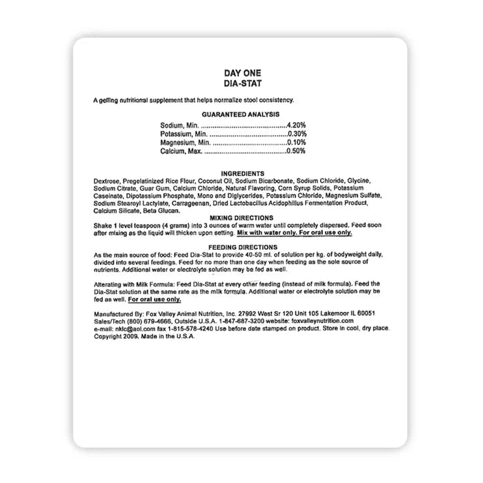 Image of the back label of Fox Valley Dia Stat includes guaranteed analysis, ingredients, mixing directions, and feeding directions—all of which can be found in the product descriptions on this page.