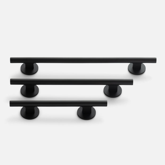 Front view of Galley Pull showcasing three black bar pulls with circular backplates on a white background