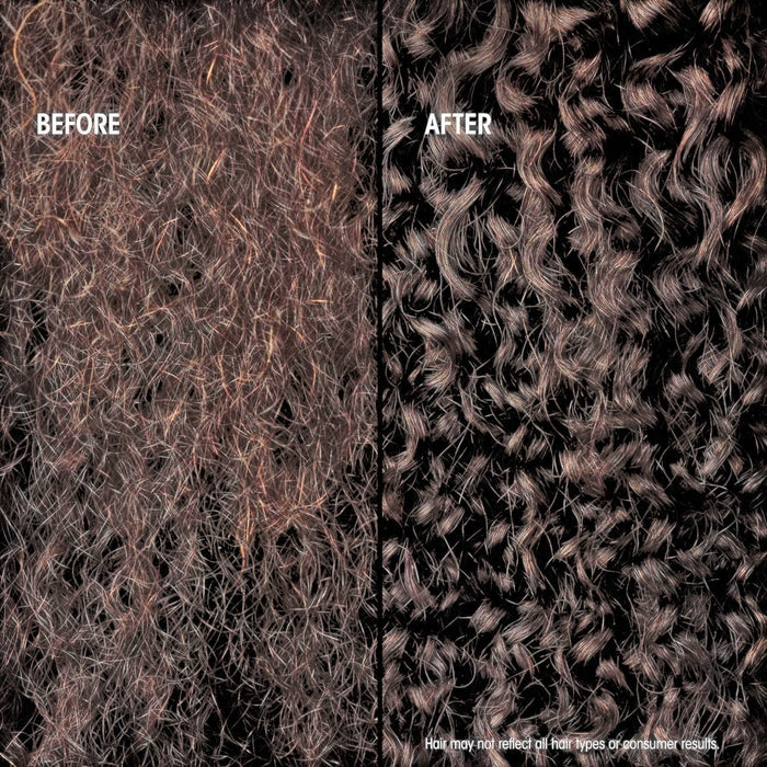 Shop Rescue Spa Hair Alchemy Bond Building Elixir before and after comparison showing smoother, defined hair curls.