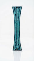 Hand-Painted Patina Pewter mezuzah case with blue-green enamel, slim hourglass shape, raised ribbed texture, and 2.8-inch scroll fit