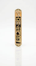 Jerusalem’s Golden Gates pewter mezuzah case with peach enamel, gold Magen David, Shin, arches, and Old City-style architecture