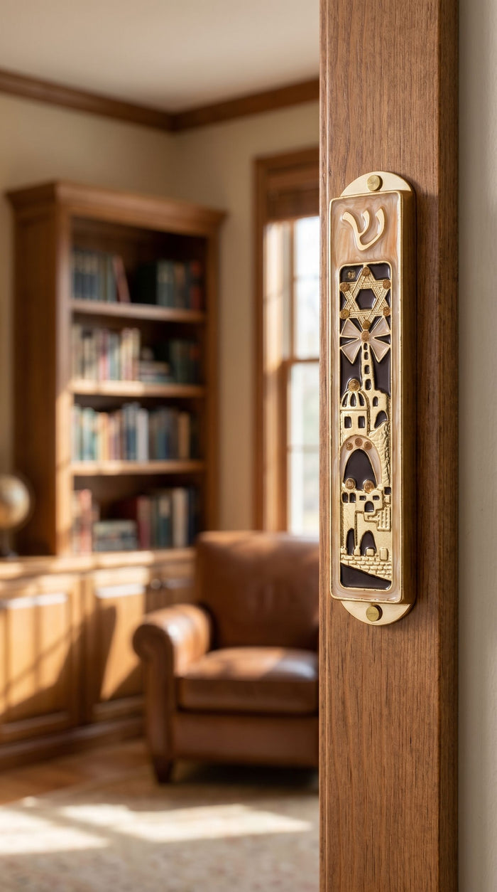 Hyper-realistic indoor doorway scene with Jerusalem’s Golden Gates mezuzah mounted on the side frame, showcasing its detailed Jerusalem-inspired design.