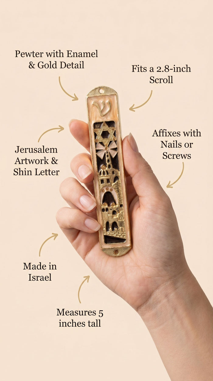 Minimalist callout of a person holding Jerusalem’s Golden Gates mezuzah, highlighting the intricate Jerusalem artwork and enamel finish.
