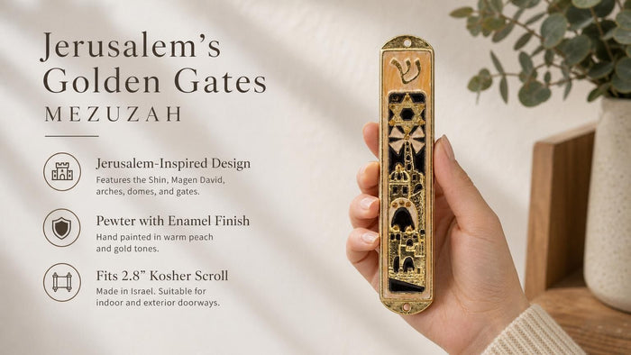 Peach enamel Jerusalem mezuzah with gold accents, Hebrew Shin, Star of David, Jerusalem architecture, in a holder.