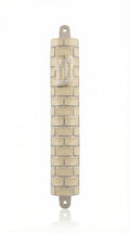 Upscale 5-inch pewter mezuzah with hand-painted enamel, detailed Hebrew letters, decorative motifs, on a white background with soft reflection.