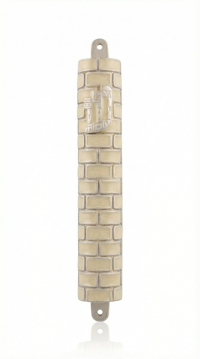 Upscale 5-inch pewter mezuzah with hand-painted enamel, detailed Hebrew letters, decorative motifs, on a white background with soft reflection.
