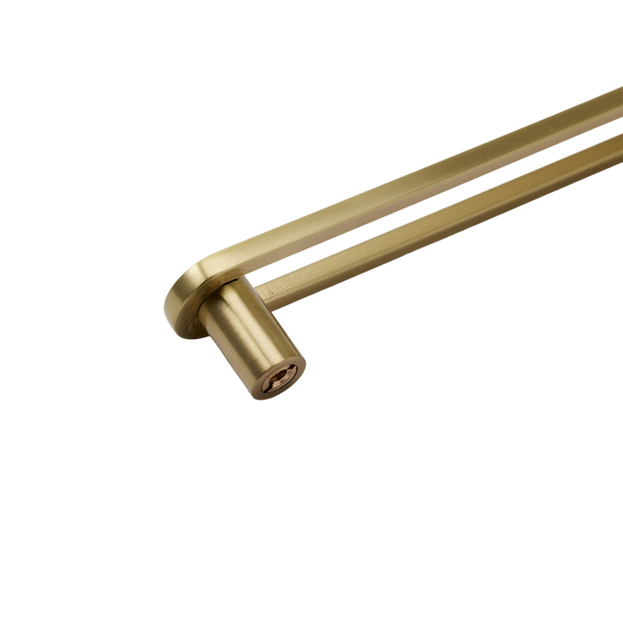 Close-up of the Landon Pull showcasing its cylindrical brass hardware and dual bar design on a white background