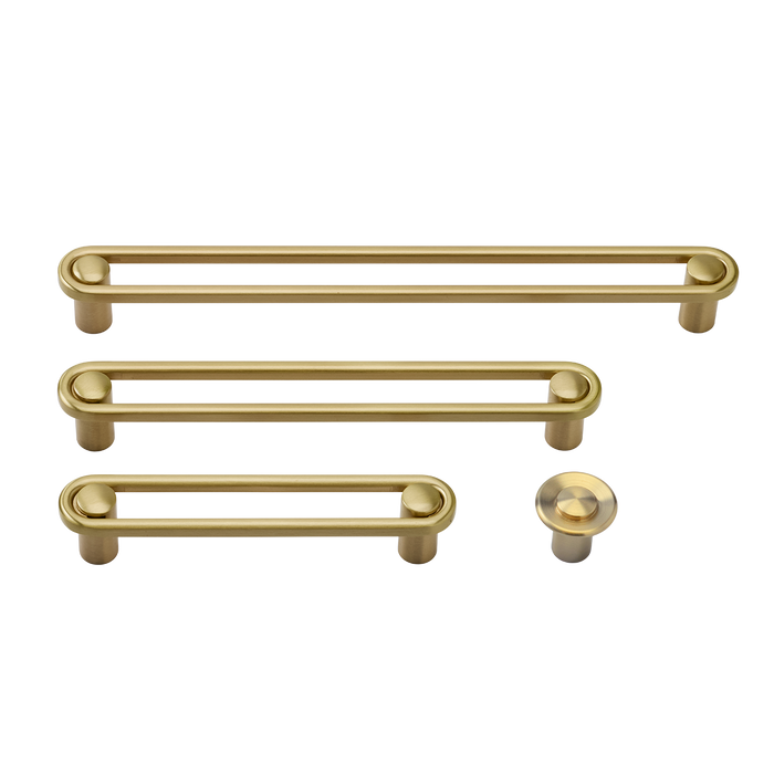 Front view of Landon Pull hardware showcasing three bar pulls and one round knob on a white background