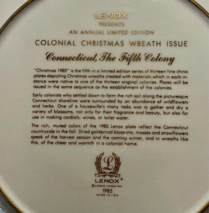 Lenox Colonial Christmas Plate 1985 Connecticut The 5th Colony 10 3/4" Wreath1
