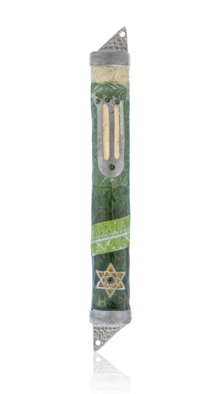 High-quality Midnight Green Mezuzah featuring Chai symbol, crafted from pewter and hand painted with enamel, displayed on a white background.