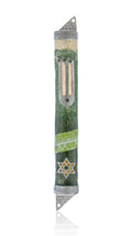 High-quality Midnight Green Mezuzah featuring Chai symbol, crafted from pewter and hand painted with enamel, displayed on a white background.