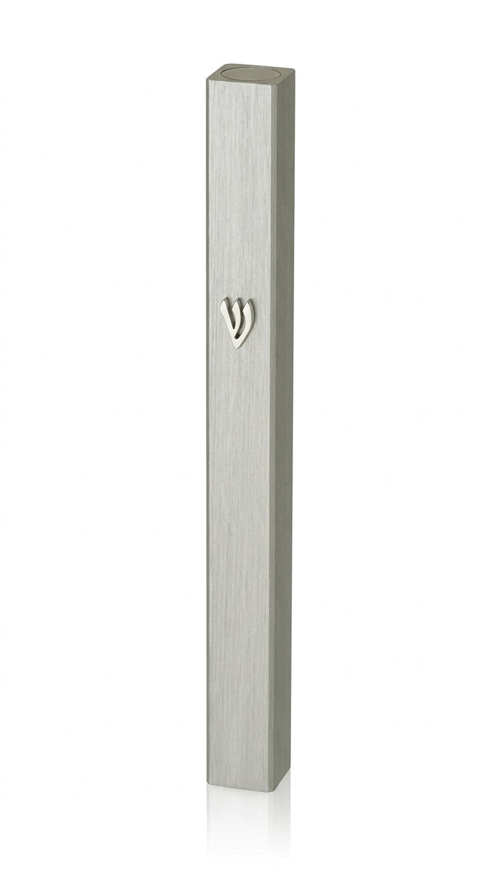 Outdoor aluminum mezuzah with screw cap for outdoor use, sleek design, and strong mounting tape for easy installation.