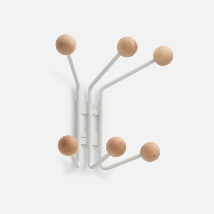 Front view of Mollie 6 Hook showcasing six white steel arms with oak ball ends on a white background