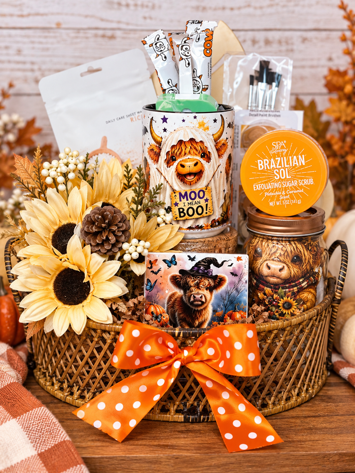 Moo I Mean Boo! Highland Cow Halloween Gift Basket