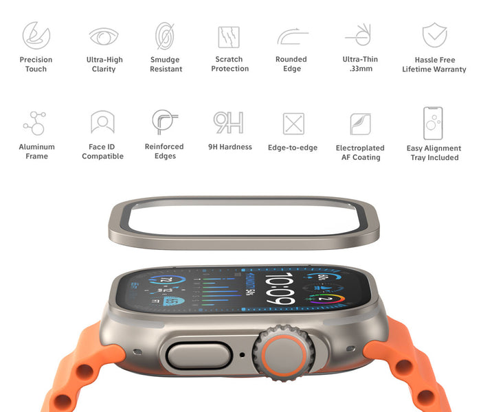 NanoArmour for Apple Watch Ultra 4 / Ultra 3 / Ultra 2 / Ultra 1 with ClearVue Anti-Reflective Tempered Glass Screen Protector: Aluminum Frame