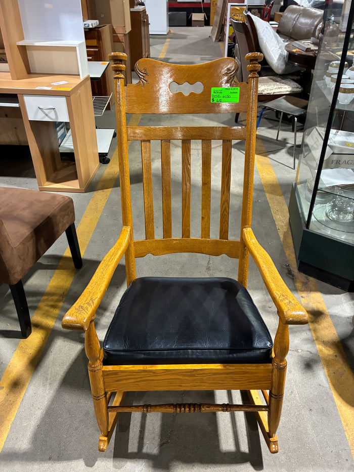 Oak Mission Style Rocking Chair with Black Cushioned Seat