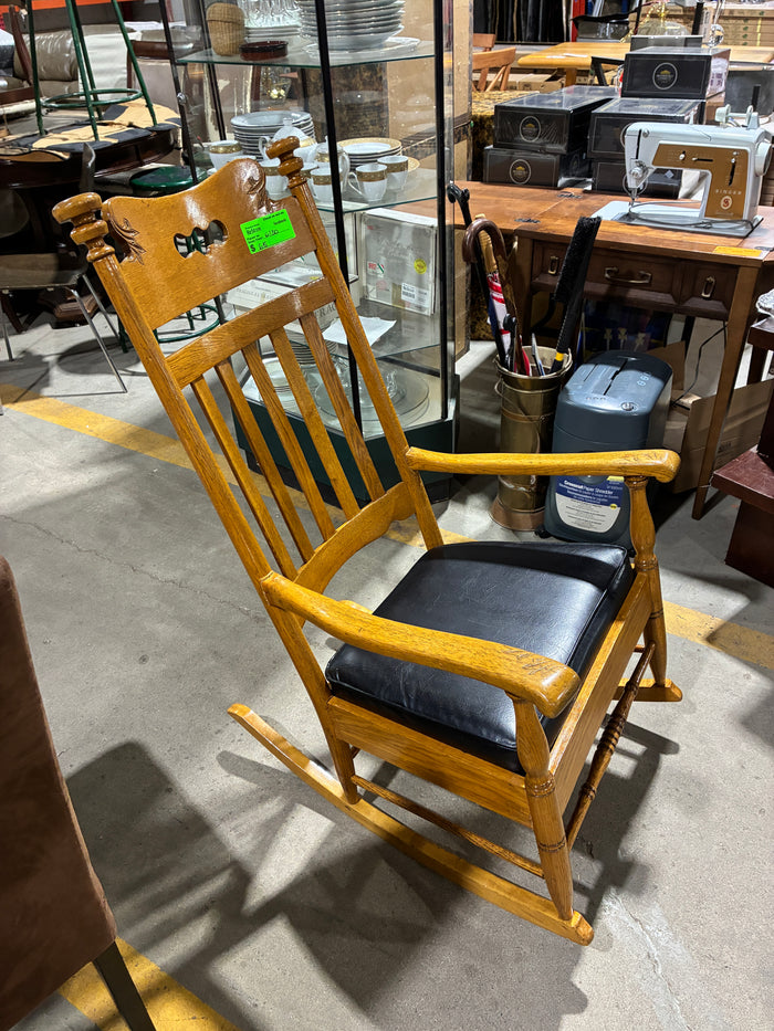 Oak Mission Style Rocking Chair with Black Cushioned Seat