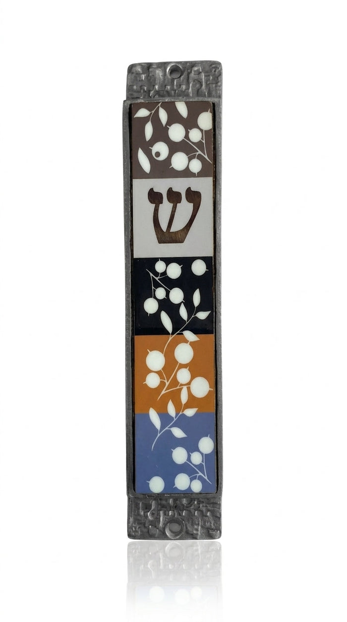 Olive branches mezuzah crafted from wood and pewter, designed for doorways, with intricate engravings and Hebrew inscriptions, on a white studio background.