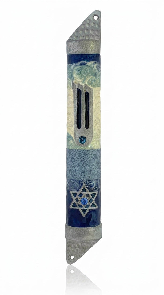 Pacific Blue Mezuzah with Star of David, handcrafted in Israel, pewter material, hand-painted enamel, displayed on a white studio background with subtle reflection.