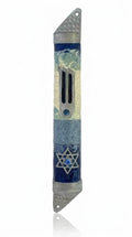 Pacific Blue Mezuzah with Star of David, handcrafted in Israel, pewter material, hand-painted enamel, displayed on a white studio background with subtle reflection.