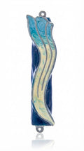Delicate pastel blue wavey Shin Mezuzah with enamel finish, perfect for adding artistic blessing to home doors, with clear details and glossy surface.