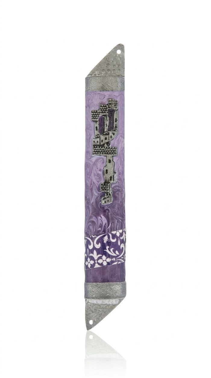 High-quality Prince Mezuzah made of pewter and hand-painted with enamel, measuring 5.3/8 inches tall, designed for sacred doorways with detailed craftsmanship.