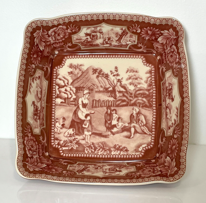 Red Transferware Square Vegetable Bowl Reproduction 8 1/2"0