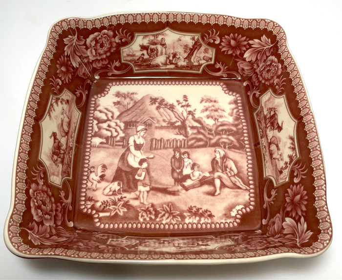 Red Transferware Square Vegetable Bowl Reproduction 8 1/2"1