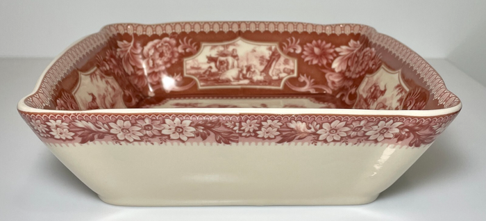 Red Transferware Square Vegetable Bowl Reproduction 8 1/2"2