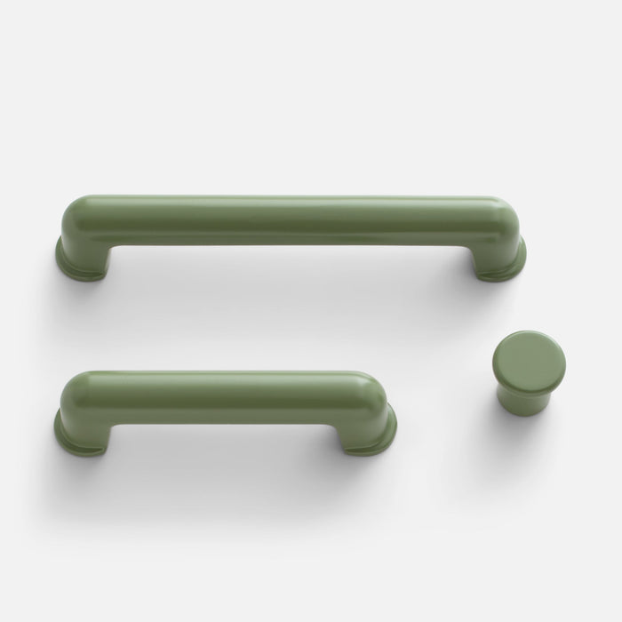 Top view of Remy Knob showcasing rounded pull handles and matching knob on a white background